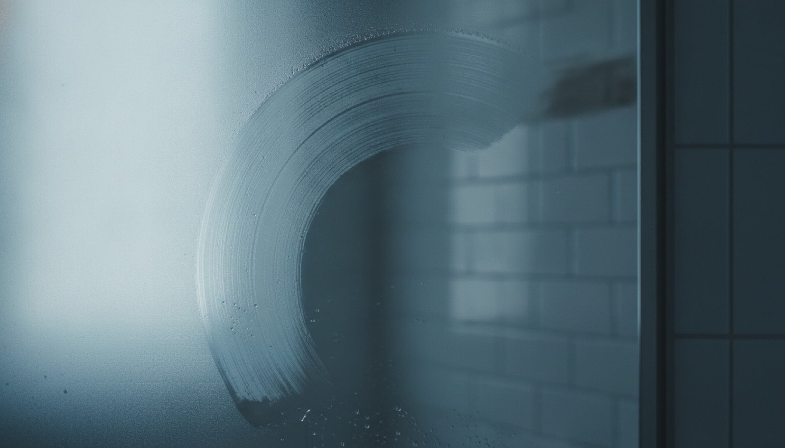A fogged bathroom mirror with one clear streak