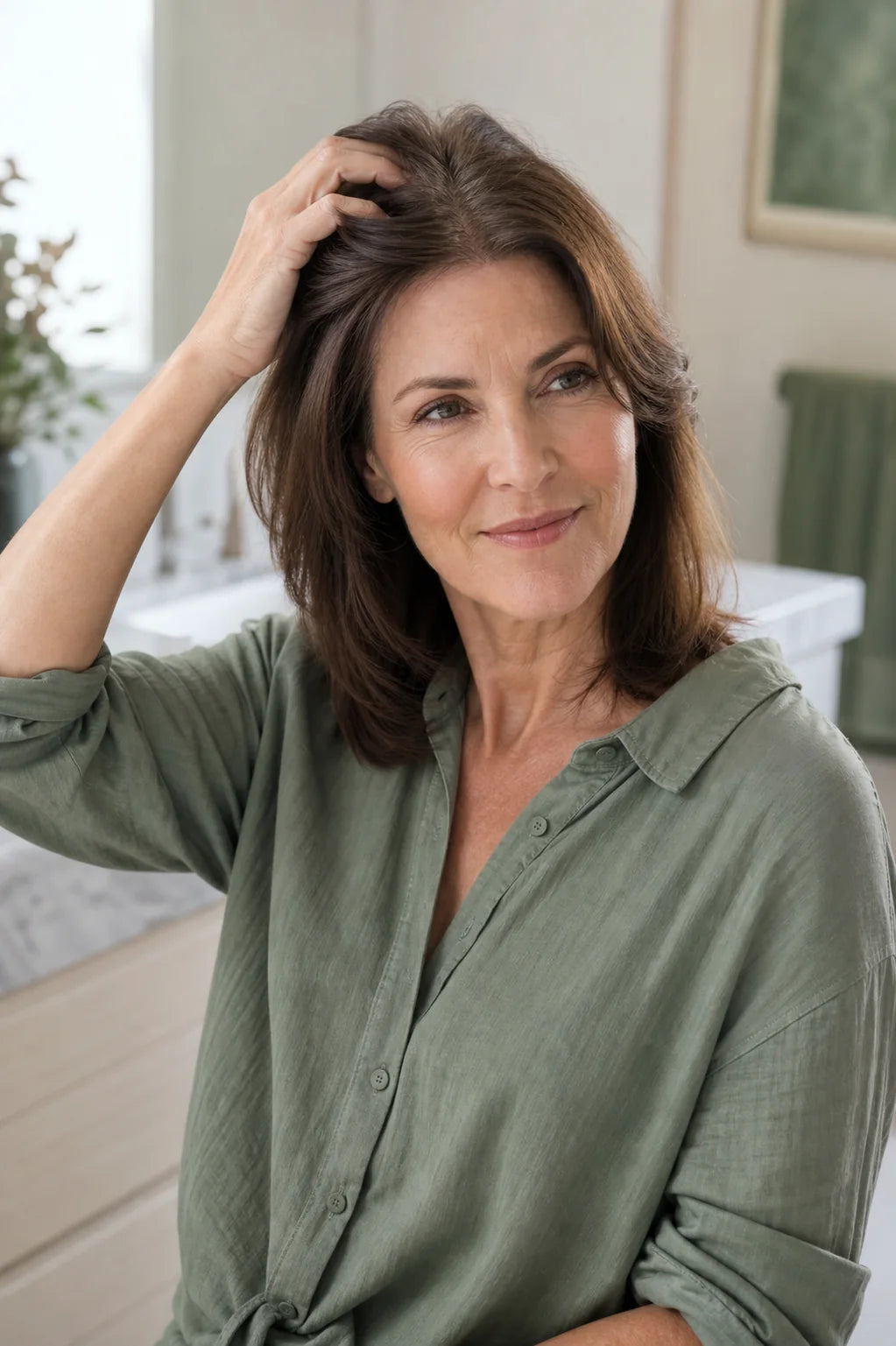 Confident mature woman gently arranging the roots at her crown in soft morning light